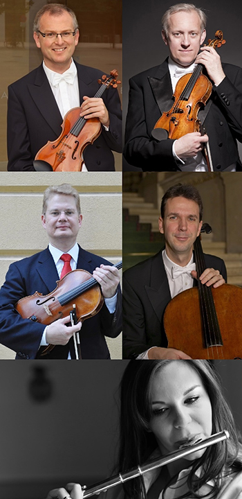 左上）ホルガー・グロー（ヴァイオリン）、右上）ミラン・セテナ（ヴァイオリン） 左中）ロベルト・バウアーシュタッター（ヴィオラ））、右中）タマシュ・ヴァルガ（チェロ） 下）カリン・ボネッリ（フルート）